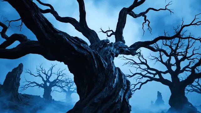 Gnarled leafless trees with twisted black branches standing in dense blue fog on barren rocky ground, atmospheric mist in a monochromatic eerie forest landscape scene.