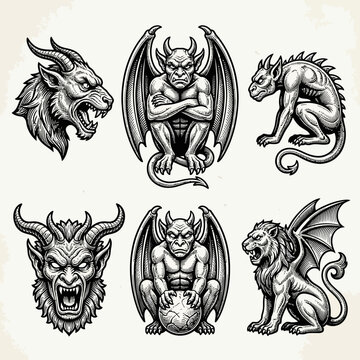 Vintage hand-drawn sketches of gothic gargoyles and demons