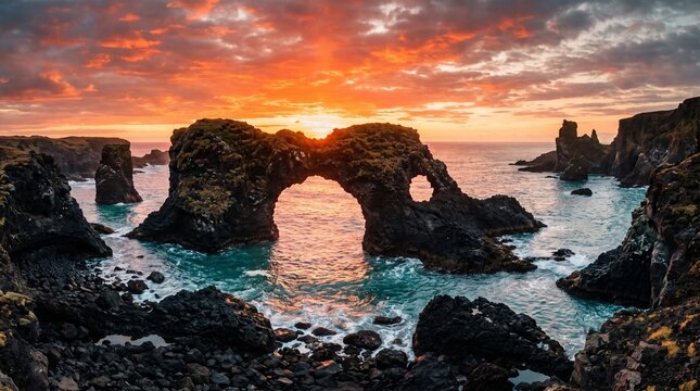 Spectacular coastal sunset casts a golden hue on the ancient stone arches above the serene ocean