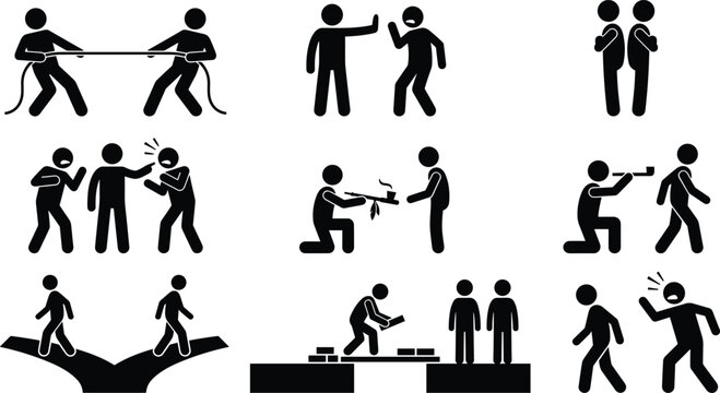 Human relationship conflict and resolution stick figure pictogram vector collection featuring argument, disagreement, and reconciliation silhouettes
