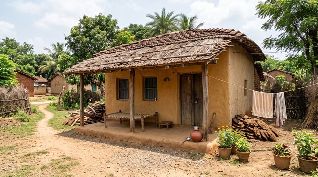 Traditional rural indian mud house with thatched tile roof, wooden pillars, charpai cot, clay pot, and cow dung cakes in a peaceful village setting