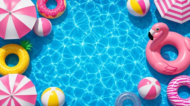 A vibrant swimming pool with beach balls, umbrellas and flamingo floats, summer background.
