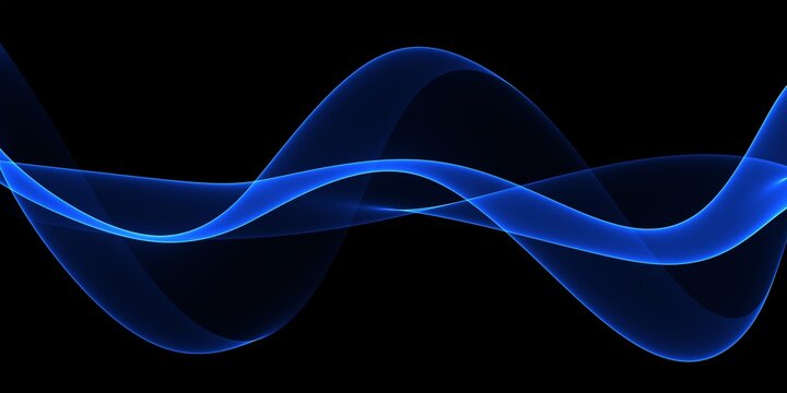 Abstract shiny color blue wave design element on dark background. Science design
