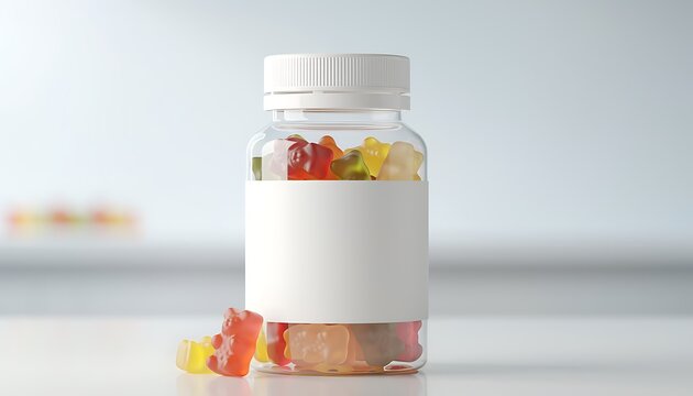 A clear plastic bottle filled with assorted colorful gummy bears sits on a white surface with a few scattered on the table nearby.