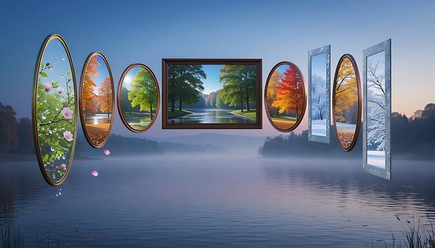 Surreal Four Seasons Portal Frames Floating Above a Misty Lake, Concept of Time, Nature and Seasonal Change