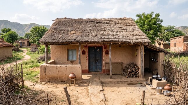 Traditional indian rural mud house with a thatched roof, blue wooden door, and outdoor clay stove in a peaceful village landscape with hills in the background