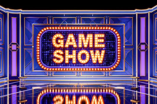 Game show marquee sign glowing in blue neon studio