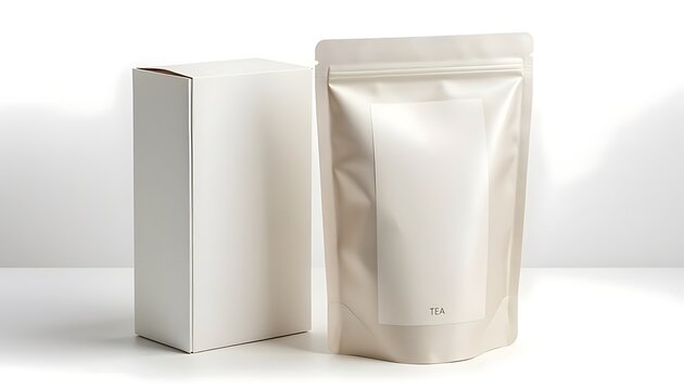 A white box and a beige standing pouch are displayed on a white surface with a white background.