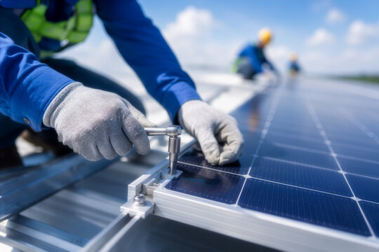 A technician in protective gloves uses a wrench tool to securely install solar panels on a rooftop tracking system during a bright day.