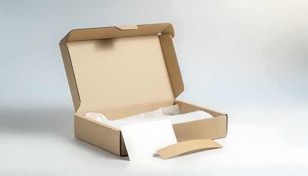 An open brown cardboard box with flaps and white tissue paper inside on a plain surface