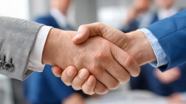 Handshake of Agreement: Two business professionals solidify their partnership with a firm handshake, symbolizing trust, respect, and a shared commitment to future success.
