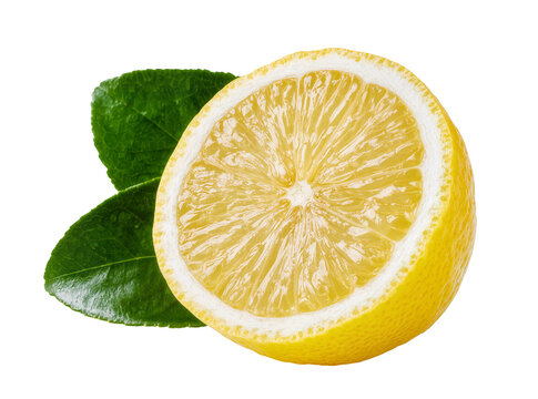 Isolated fresh half lemon cut in half with vibrant green leaves for healthy food and drinks