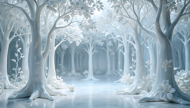 Elegant White Porcelain Fantasy Forest, Minimal Luxury Botanical Landscape, Dreamlike Ceramic Nature Background
