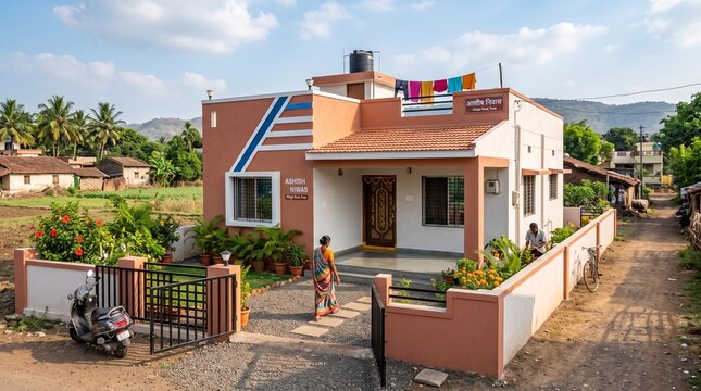 Modern indian village house named ashish niwas with people, scooter, and rural landscape in pune, maharashtra