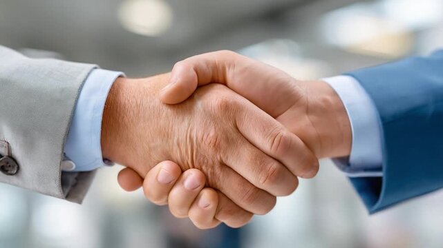 Partnership Pact: Two businessmen in formal attire seal a deal with a firm handshake, symbolizing trust and mutual agreement in a professional setting.