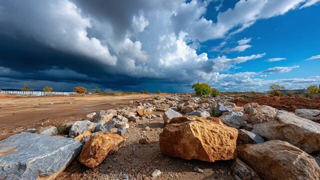 Dramatic Sky Over Arid Landscape: Dark, stormy clouds loom over a dry, rocky terrain, contrasting with a sliver of blue sky and distant greenery, hinting at an approaching change in weather.