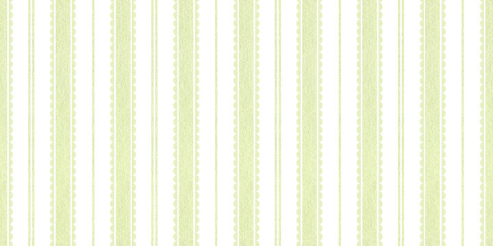 Cottagecore green watercolor stripes and scalloped background, vintage rustic ruffle ornament hand drawn texture, seamless pattern for fabric, linen print, wallpaper, home decor, wrapping, pajamas