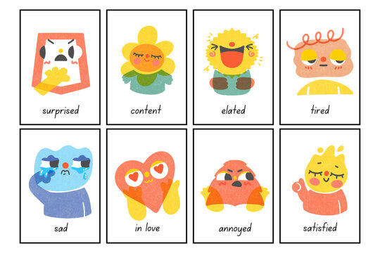 Set of emotional development flashcards showing different moods and human feelings with feelings flashcards expressions educational surprised