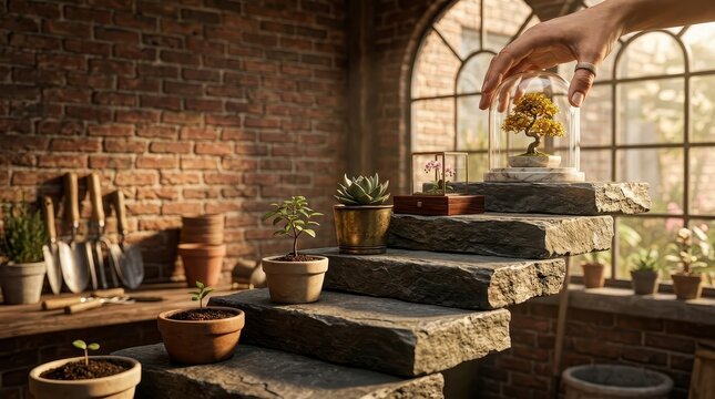 Hand placing glass dome over bonsai tree on stone steps