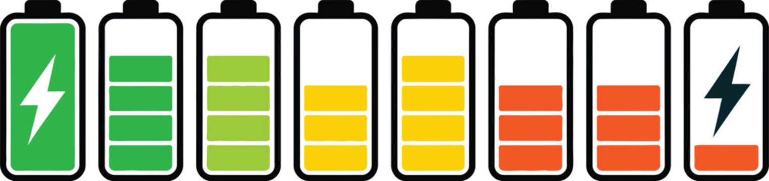 Battery level icons showing charge status from empty to full isolated on white background, Vector, illustration