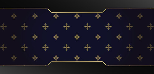 Elegant dark blue background with golden fleur de lis pattern and decorative frame. © Papilouz Studio