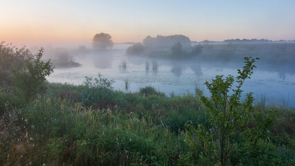 A serene river landscape shrouded in thick morning mist at sunrise, featuring lush green vegetation and distant trees under soft light © Александр Арендарь
