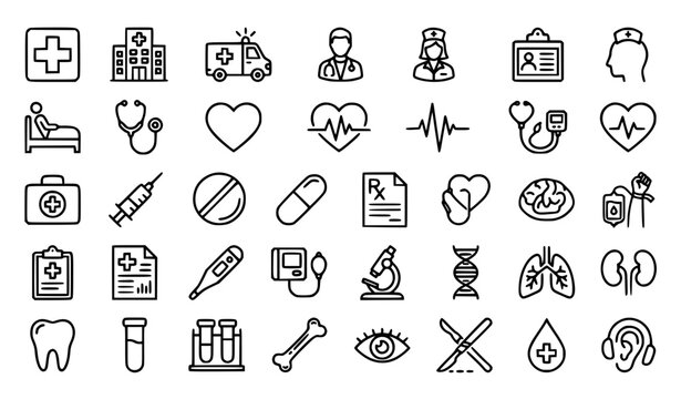 Premium Medical and Healthcare Icon Set: Minimalist Hospital, Doctor, and Clinical Treatment Vector Collection