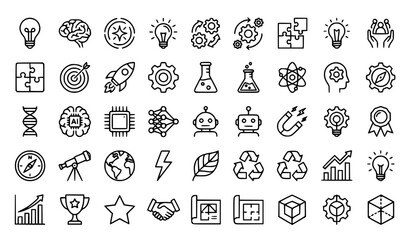 Premium Innovation, Technology, and Science Icon Set: Minimalist Creativity, AI, and Business Growth Vector Collection © MDSUJON