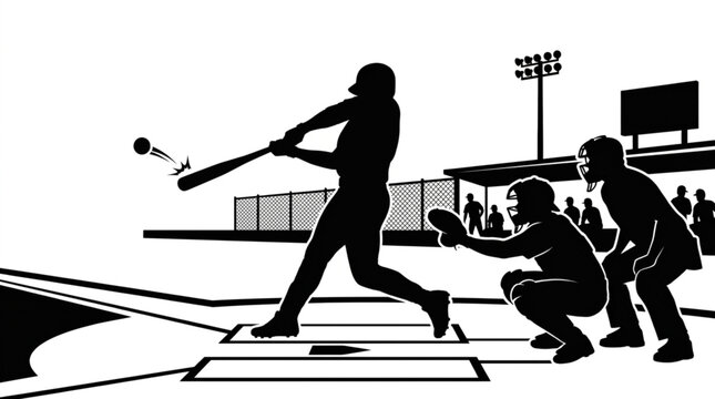 Baseball game action silhouette with batter hitting ball, catcher, umpire, and stadium crowd