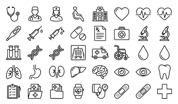 Premium Medical, Healthcare, and Clinical Icon Set: Minimalist Hospital, Anatomy, and Diagnostic Vector Collection