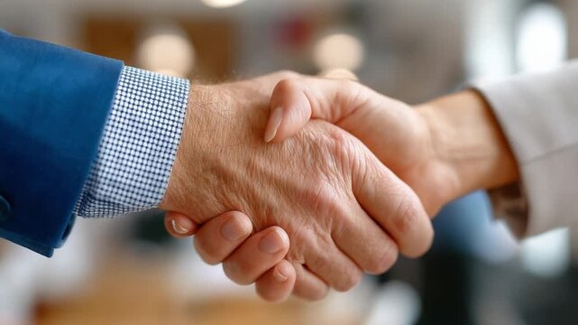 Handshake of Partnership: Two hands clasp in a firm handshake, symbolizing trust, agreement, and the beginning of a successful business collaboration in a modern office setting.
