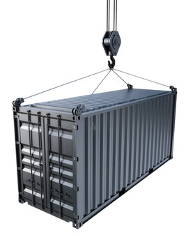 Isolated commercial shipping container being lifted by a strong industrial crane hook.