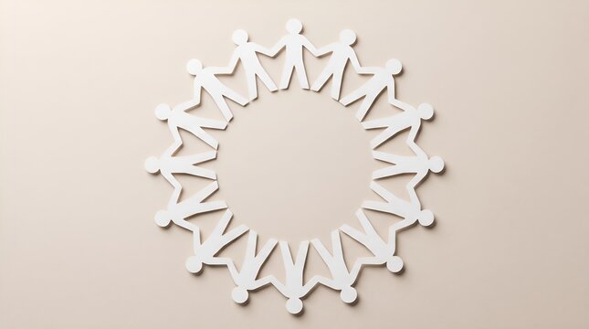 Paper chain people holding hands in a circle symbolizing unity and teamwork on a beige background