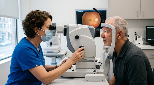 Ophthalmologist examining a senior patient with a retinal camera