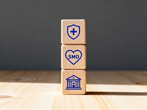 Wooden blocks with health and business icons