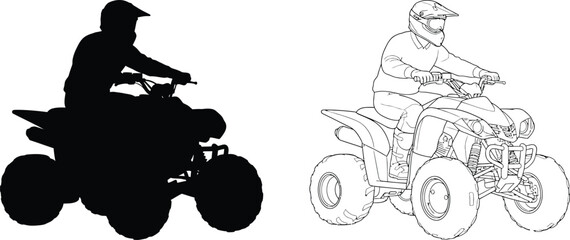 Atv Silhouette and Outline with a Rider Wearing a Helmet, Displaying a Sport Quad Bike Adventure. © Silpi