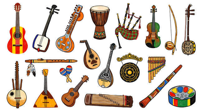 Collection of various traditional musical instruments from around the world isolated on white background