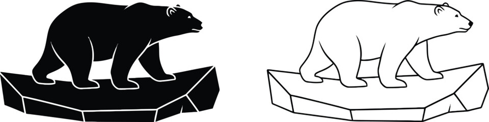Bears Set with One Black Silhouette and One Outline Illustration of a Polar Bear on an Iceberg for Design © Silpi