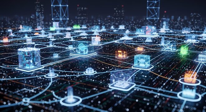 Digital network data nodes connecting in a glowing futuristic landscape with shallow depth of field for technology marketing