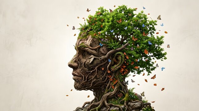 Human head composed of tree roots and foliage nature and mind concept