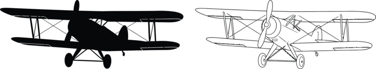 Biplane Aircraft Silhouette and Outline Icons with Classic Propeller Design for Aviation Concepts © Silpi