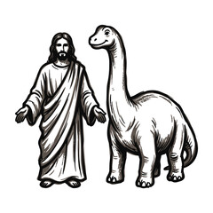 A stylized illustration of Jesus standing next to a dinosaur © ponita
