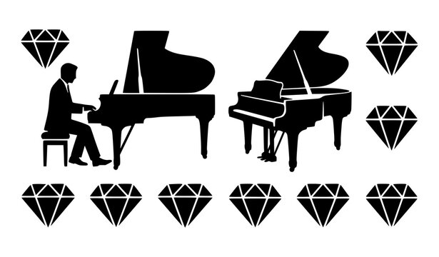 Elegant Pianist and Grand Piano Black Silhouette Icons with Geometric Diamond Elements Vector Set