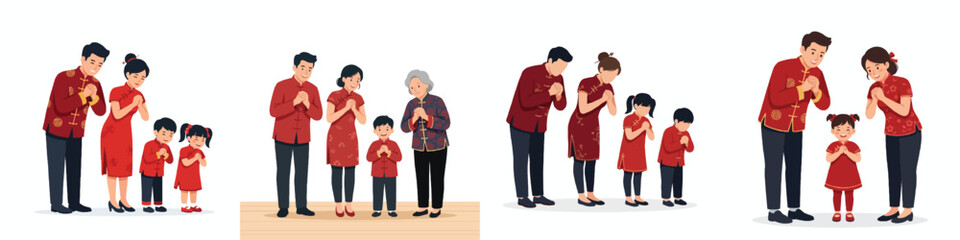 Obraz premium A simple flat design illustration of a full-body family bowing with their hands clasped together in a traditional Lunar New Year greeting. Modern semi-realist, no outlines, white background. 