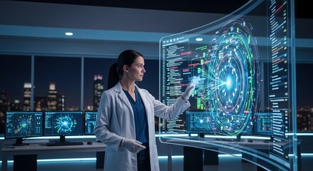 Fototapeta premium Female scientist analyzing holographic data interface in a futuristic research facility with sharp focus for technology marketing
