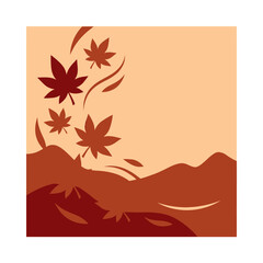 Stylized maple leaves drift over a warm autumn landscape scene © reni