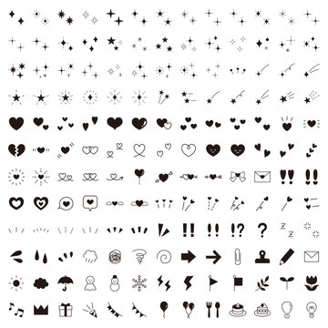 シンプルなアイコンのベクターイラストセット。飾り、ハート、シンプル、星、輝き、集中線