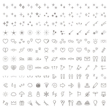 シンプルなアイコンのベクターイラストセット。飾り、ハート、シンプル、星、輝き、集中線