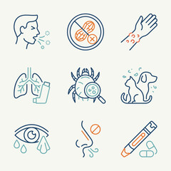 Hand drawn icons representing allergy symptoms and treatment © reni