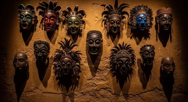 Collection of Diverse Tribal Masks Displayed on a Textured Wall.
